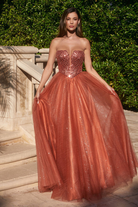 Ladivine CD0217 A-line tulle gown with embellishments with a strapless design.