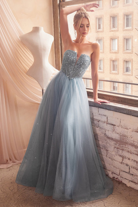 Ladivine CD0217 A-line tulle gown with embellishments with a strapless design.