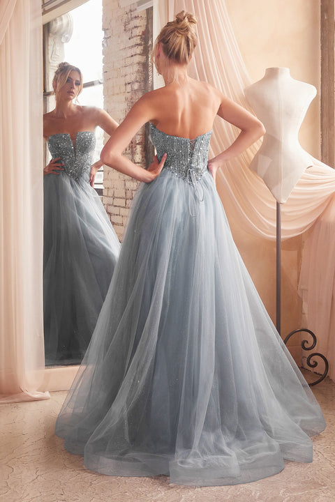 Ladivine CD0217 A-line tulle gown with embellishments with a strapless design.