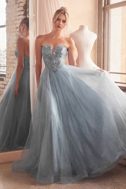 Ladivine CD0217 A-line tulle gown with embellishments with a strapless design.