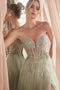 White Beaded Strapless Tulle Slit Gown by Ladivine CD0230W