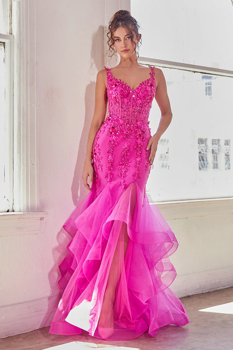 Ladivine CD331 Beaded Sleeveless Ruffled Mermaid Dress
