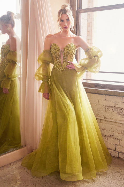 Ladivine CD830 Beaded Strapless Puff Sleeve Tulle Gown