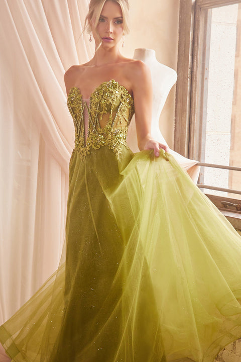 Ladivine CD830 Beaded Strapless Puff Sleeve Tulle Gown