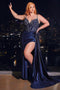 Ladivine CDS440C offers a curve beaded sleeveless satin slit gown