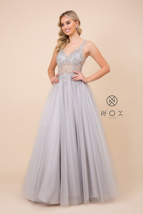 Silver Ball-Gown-Style Embroidered-Bodice Long Prom Dress D322 by Nox Anabel