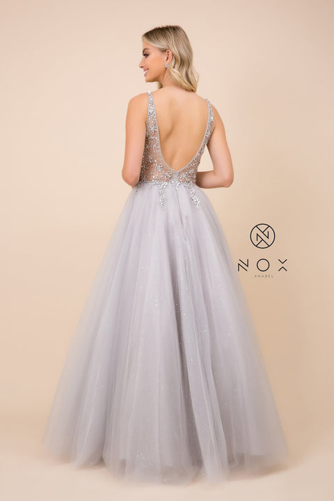 Silver Ball-Gown-Style Embroidered-Bodice Long Prom Dress D322 by Nox Anabel – alternate view 2