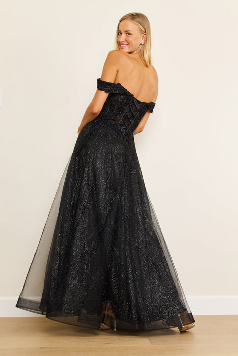 Dylan & Davids Long Off Shoulder Corset Formal Dress