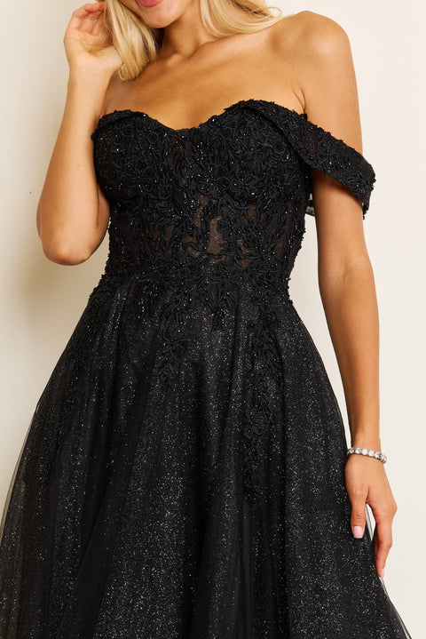 Dylan & Davids Long Off Shoulder Corset Formal Dress
