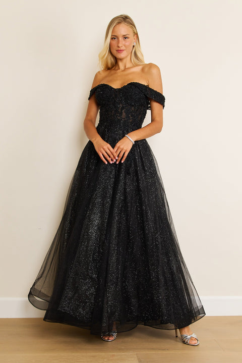 Dylan & Davids Long Off Shoulder Corset Formal Dress