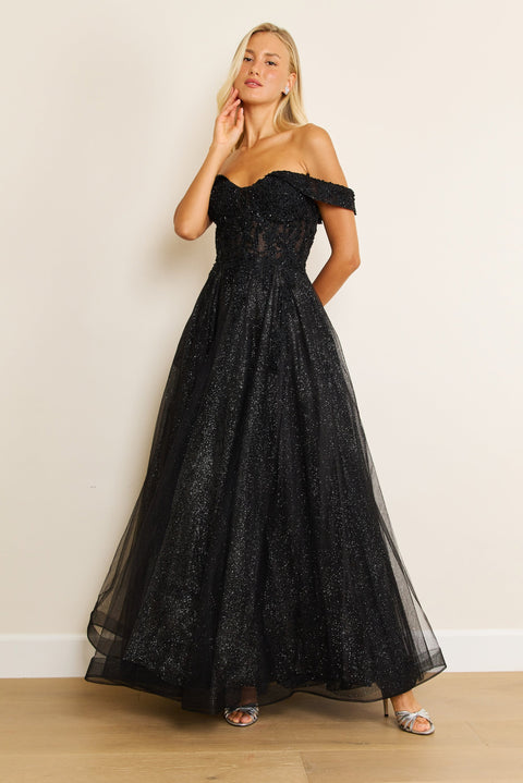 Dylan & Davids Long Off Shoulder Corset Formal Dress