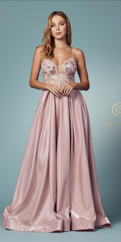 Nox Anabel -NXE1004 Metallic A-Line Prom dress Sheer Floral Embroidered with Back Open