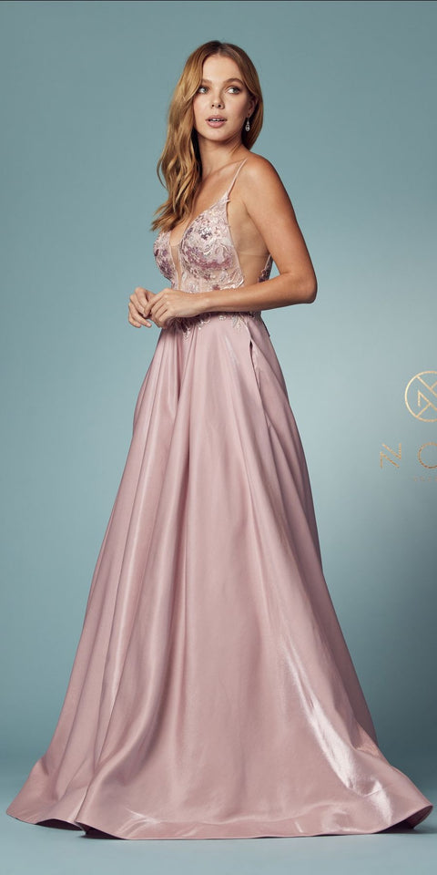 Nox Anabel -NXE1004 Metallic A-Line Prom dress Sheer Floral Embroidered with Back Open