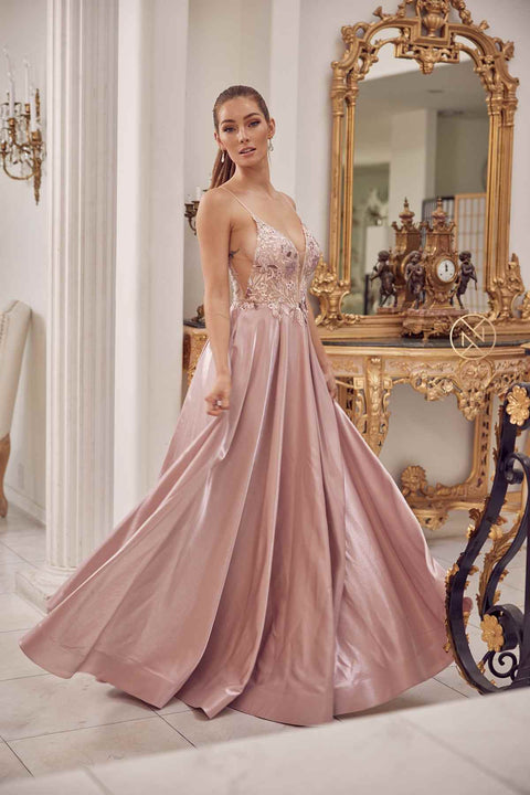 Nox Anabel -NXE1004 Metallic A-Line Prom dress Sheer Floral Embroidered with Back Open