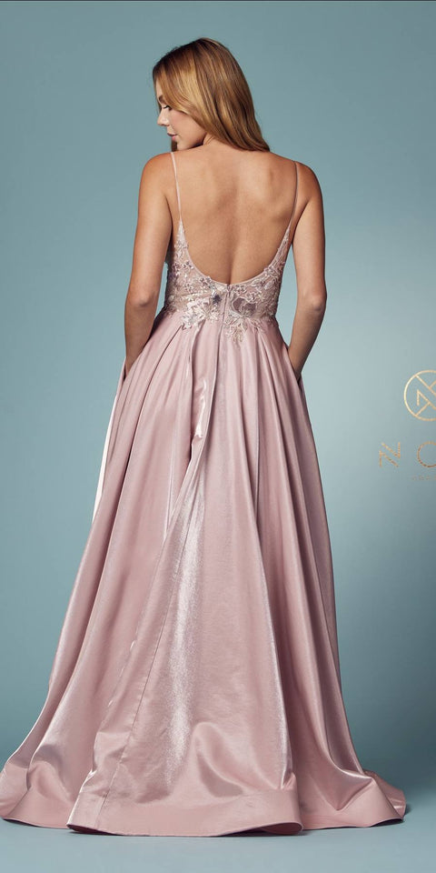 Nox Anabel -NXE1004 Metallic A-Line Prom dress Sheer Floral Embroidered with Back Open