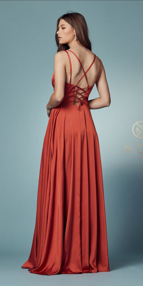 Sleeveless long fit and flare prom dress designed by Nox Anabel E1020
