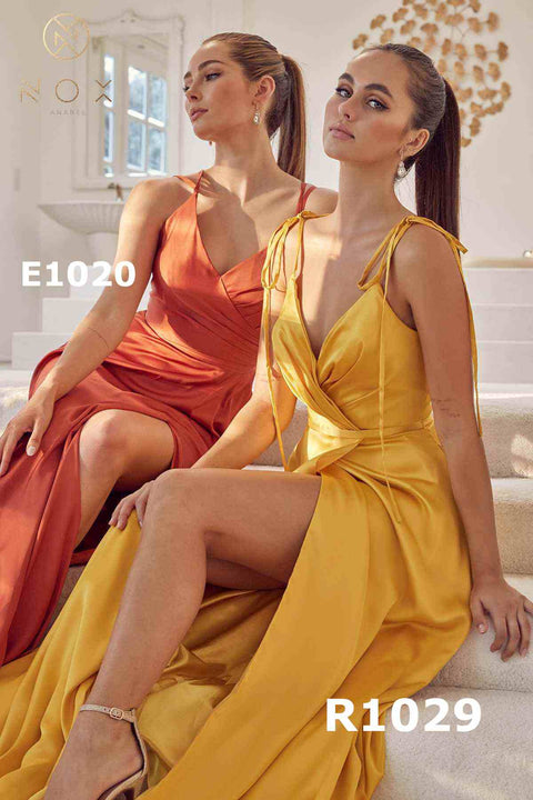 SATIN V-NECK FULL LENGTH DRESS E1029 BY NOX ANABEL