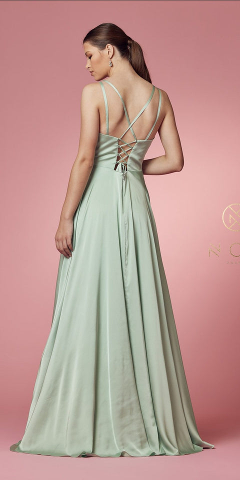 Sleeveless long fit and flare prom dress designed by Nox Anabel E1020