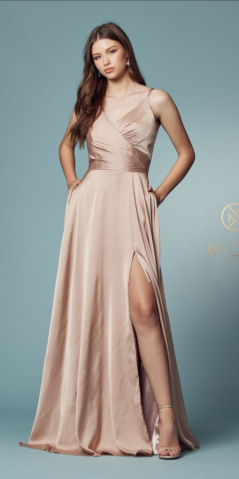 Sleeveless long fit and flare prom dress designed by Nox Anabel E1020