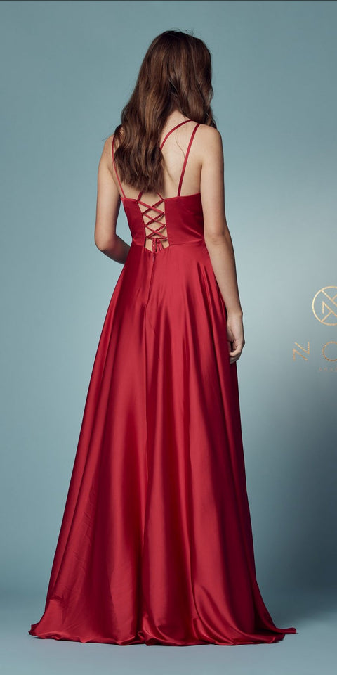 Sleeveless long fit and flare prom dress designed by Nox Anabel E1020