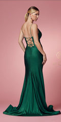 Nox Anabel E1038 Rhinestone Embellished Prom Dress  with Open Corset Back & Leg Slit.