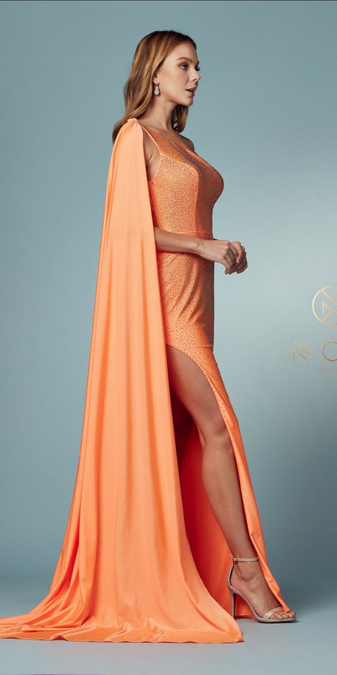 Nox Anabel -E1039 Fitted Long One Shoulder Dress With stylish Cape