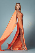 Nox Anabel -E1039 Fitted Long One Shoulder Dress With stylish Cape