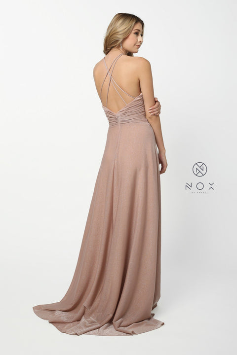 High Neck Waist Plates Long Dress with Side Slit _E184 by Nox Anabel