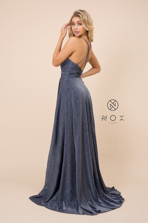 High Neck Waist Plates Long Dress with Side Slit _E184 by Nox Anabel