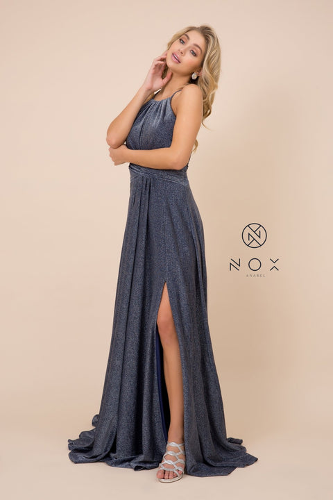 High Neck Waist Plates Long Dress with Side Slit _E184 by Nox Anabel