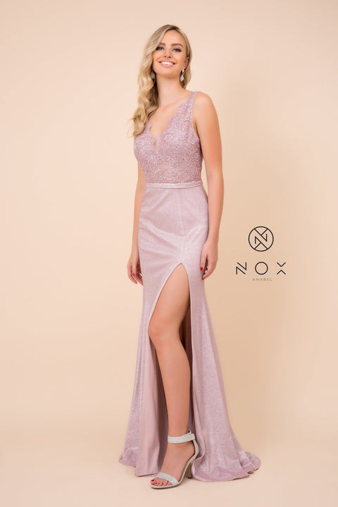 V Neck Split Skirt Long Prom Dress with Lace Top_E373 by Nox Anabel
