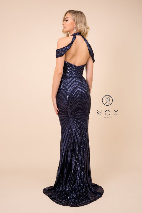 Sequin High Neck cold shoulders Long Dress_E377 by Nox Anabel