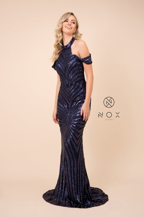 Sequin High Neck cold shoulders Long Dress_E377 by Nox Anabel