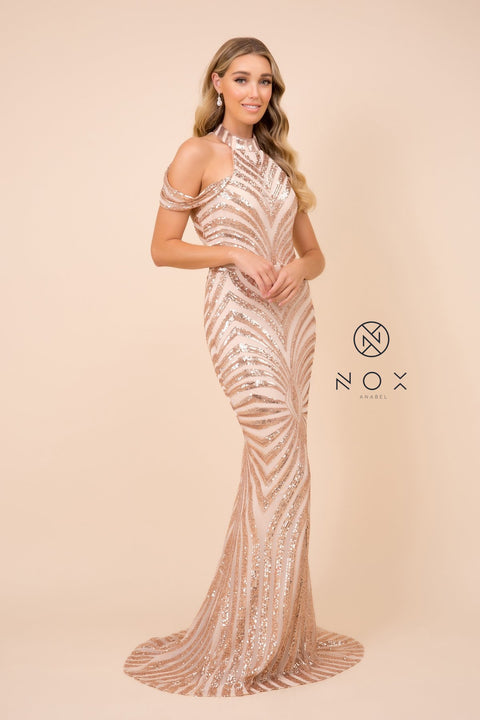 Sequin High Neck cold shoulders Long Dress_E377 by Nox Anabel