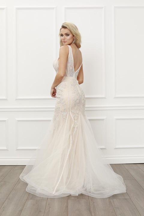 Champagne V Neck Sequin Embellish Lace Appliques Mermaid Gown SD-E431 by Nox Anabel – alternate view 2