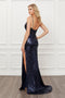picture of navy blue fitted prom dress