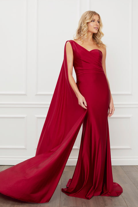 picture of a burgundy one shoulder dress