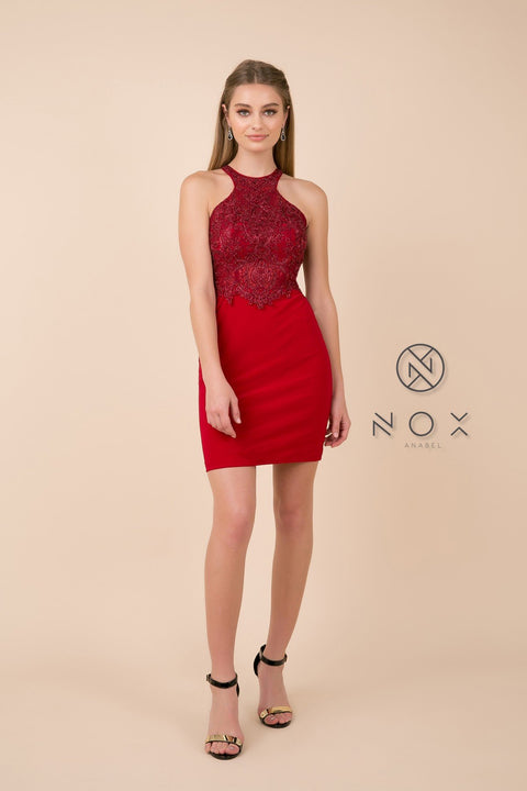 High Neck Embroidered Bodice Fitted Dress_E697 by Nox Anabel