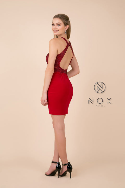 High Neck Embroidered Bodice Fitted Dress_E697 by Nox Anabel