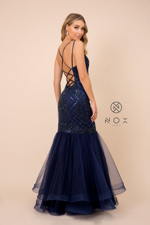 V-Neck Full-Length Open Back Dress with Trumpet Skirt Mermaid Dress_H399 by Nox Anabel