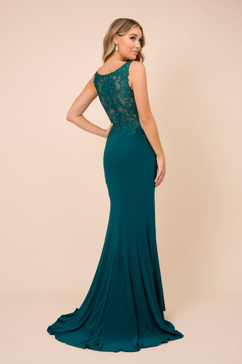Sleeveless V-Neck Embroidered Mermaid Dress Fitted Jersey Dress_J326 by Nox Anabel