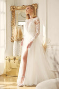 Long Lace Sleeve A-Line Wedding Gown with Slit by Nox Anabel JE911