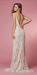 Cut Out Side V-Neck Fitted Lace Wedding Gown by Nox Anabel JE915