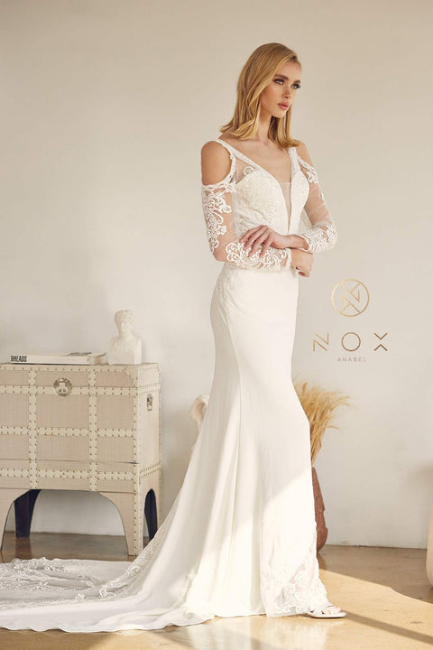 White Wedding Gown With Cathedral Train and Long Sleeves by Nox Anabel JE916