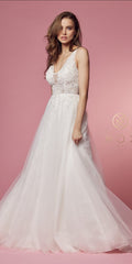 Wedding Gown A-Line Lace Bodice V-Neck by Nox Anabel JE920