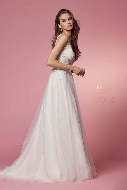 Wedding Gown A-Line Lace Bodice V-Neck by Nox Anabel JE920