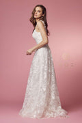 Long A-Line Wedding Gown with Embroidered Skirt by Nox Anabel JE922