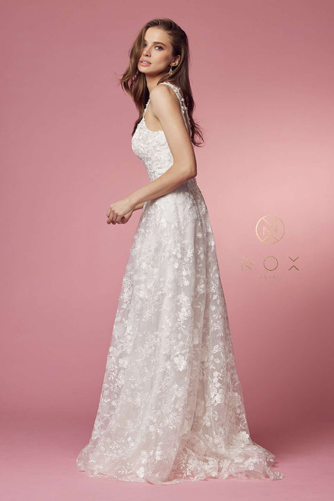 Long A-Line Wedding Gown with Embroidered Skirt by Nox Anabel JE922