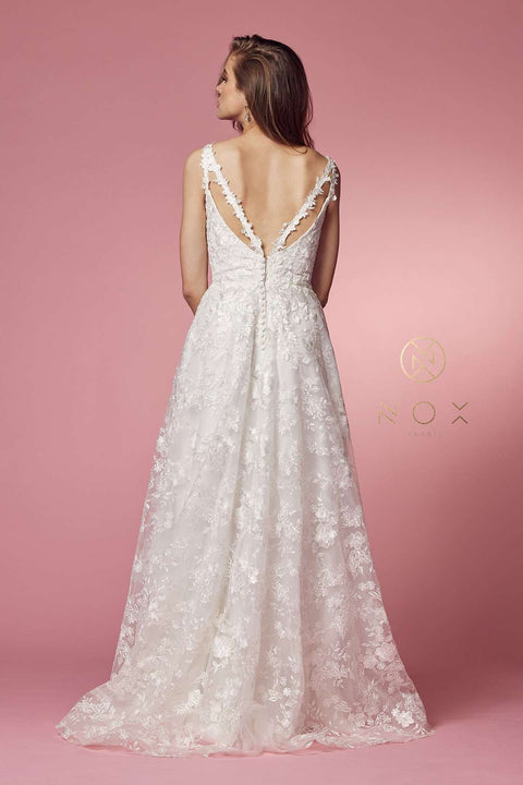 Long A-Line Wedding Gown with Embroidered Skirt by Nox Anabel JE922