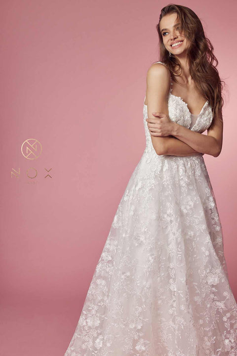 Long A-Line Wedding Gown with Embroidered Skirt by Nox Anabel JE922